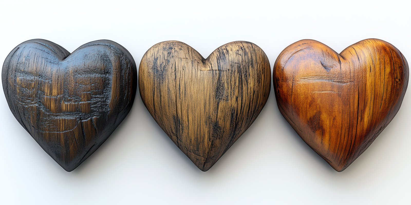 Wooden hearts arranged in a row showcasing various textures and colors on a neutral background